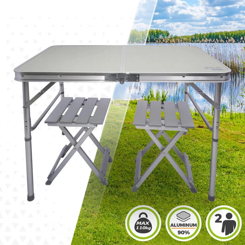 AKTIVE - Table Pliante Avec 2 Tabourets Et Poignée De Transpor, Gris 4 AKTIVE - Table Pliante Avec 2 Tabourets Et Poignée De Transpor, Gris – Image 2