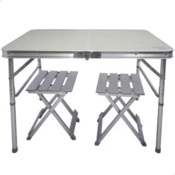 Camping En Plein Air Soldes 36 AKTIVE - Table Pliante Avec 2 Tabourets Et Poignée De Transpor, Gris